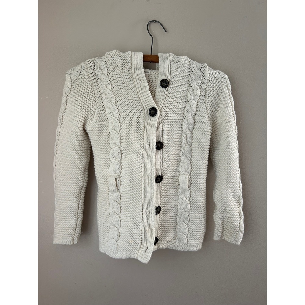 Kids Cable Knit Button Front Hooded Cardigan Sweater Cream‎ L(6x) Cozy